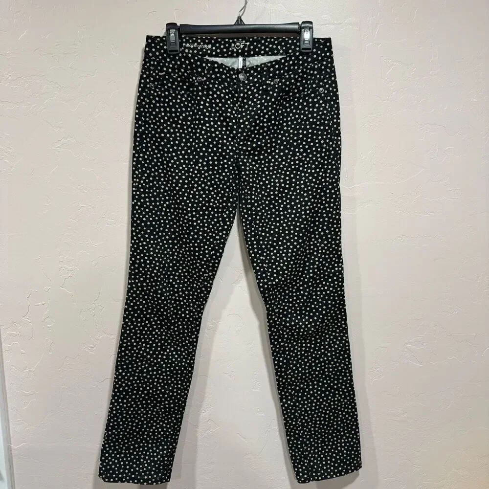 Ann Taylor Loft Womens Black Tan Polka Dot Modern Straight Leg Casual Pants Size